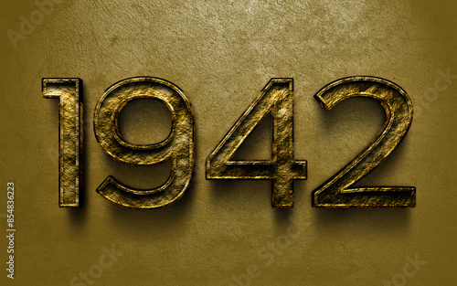 3D dark golden number design of 1942 on cracked golden background.