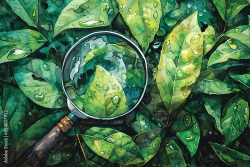 Craft a traditional watercolor painting showcasing an eye-level perspective of a magnifying glass revealing a diminutive carbon symbol against a rich