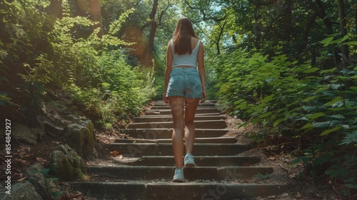 A woman hikes up a set of stairs in a dense forest