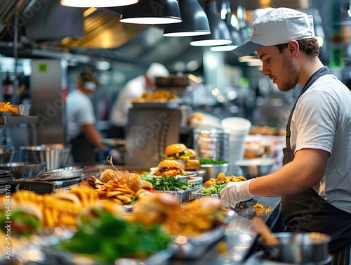 A male chef prepares a meal with fries, salad and burgers in a busy commercial kitchen.