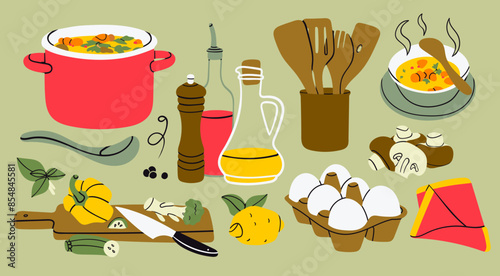 Soup in pan, utensils, pepper grinder, oil, mushrooms, cutting board, lemon, eggs, napkin, seasonal vegetables. Delicious vegetarian food concept. Hand drawn Vector illustration. Isolated elements