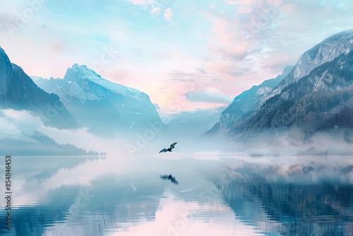 A bat diving towards a tranquil lake surrounded by mist-covered mountains during dawn, with soft hues of pink and blue in the sky