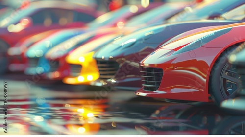 A row of red sports cars parked in a parking lot, great for transportation or automotive theme images