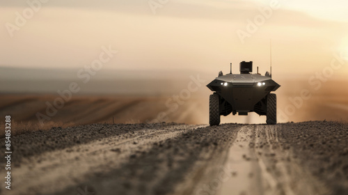 An unmanned combat vehicle patrols a deserted battlefield with AI-driven surveillance, showcasing futuristic military technology and autonomous warfare capabilities.