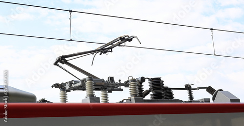 Pantograph of an electric train connecting the train to the overhead catenary wire.