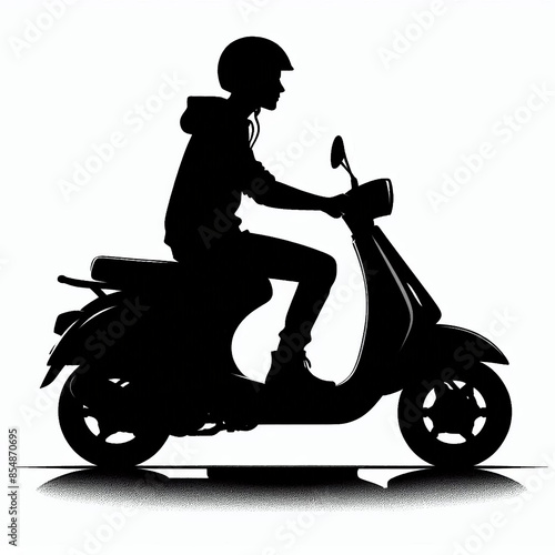 black silhouette of a man on a moped 