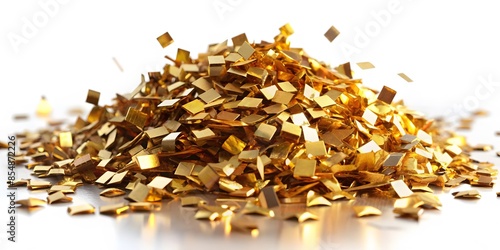Pile Of Shiny Gold Confetti On White Background.