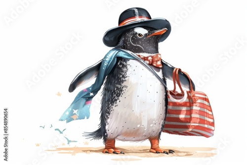 A cheerful penguin in a bowler hat and waistcoat enjoys a sunny day at the beach with a beach bag.