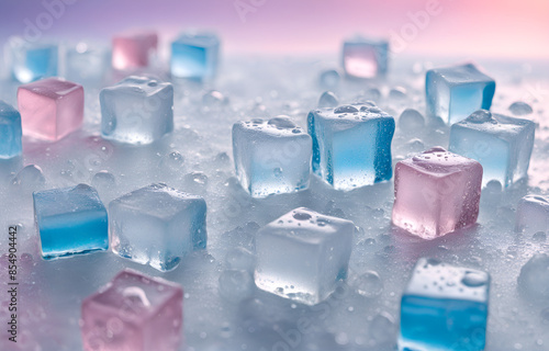 surrealistic ice cubes, dreamy composition, soda water refraction, light pink, Ice-Carving,