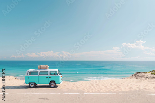 Summer self-driving travel illustration, May Day holiday travel concept background image