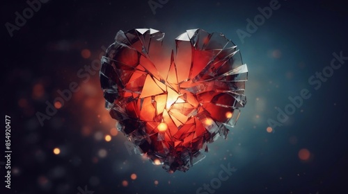 A shattered glass heart illuminated from within, symbolizing heartbreak and resilience. Set against a dark, blurred background, this image conveys strong emotional impact