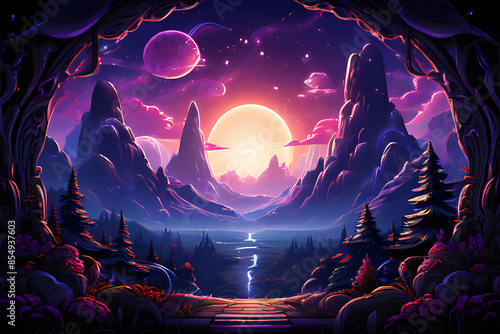 Night scene with magic portal, fantastic energy door to alien world. background with cartoon fantasy illustration of mountain landscape with mystic green glowing in wooden frame.