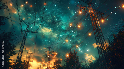 Magical Night Sky Above Electric Pylons