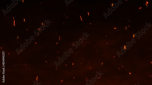 Bright glowing fire particles rising in a fiery sky with smoke. Fire flakes and bonfire background. Fire particles. Hot burning fire sparks and ashes.