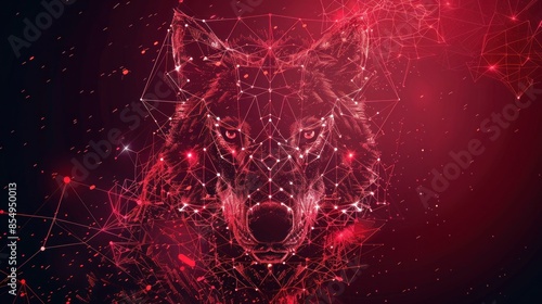 Red geometric wolf head front view on dark backdrop
