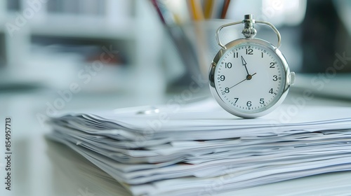 Stopwatch Next to Business Papers on Clean White Desk with Bright Lighting