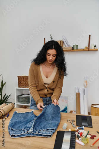 A young woman creatively upcycling jeans at a table.