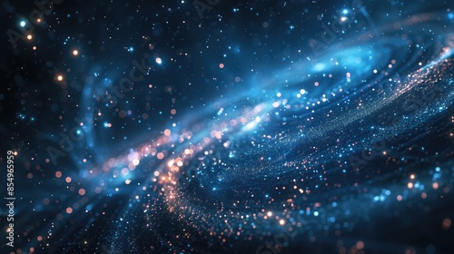 The image shows a beautiful space galaxy with stars and a blue glowing nebula.