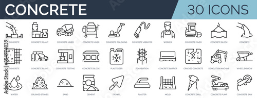 Set of 30 outline icons related to concrete. Linear icon collection. Editable stroke. Vector illustration