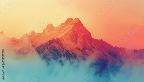 Close-up view of mountain peaks with striking color palette in a double exposure silhouette, providing copy space.