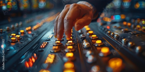 A close-up view of a person's hand operating illuminated buttons and switches on a sophisticated control panel in a professional environment