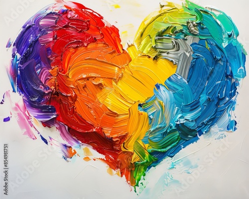 Expressive rainbow heart painting with vibrant colors on canvas, artistic and lively hues