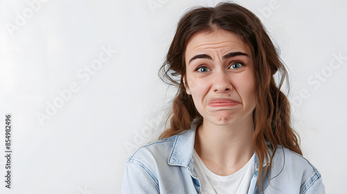 Girl cringe as seeing something embarrassing and bothering. Woman make uncomfortable smile and squinting feeling worried and displeased, see bothering bad situation, standing white background