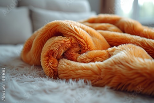 A cozy, orange fleece blanket softly draped on a bed with white and grey pillows creates a warm and inviting atmosphere for relaxation