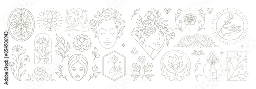 Beautiful flowers collection with botanical plants and leaves. Decorative line art flower emblems.