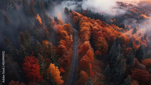 Stunning aerial view of a misty forest with vibrant fall foliage, capturing the beauty of autumn colors and serene nature in the mountains.