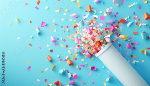 Bright and colorful confetti explosion from a party popper against a vibrant blue background, signifying celebration and joy.