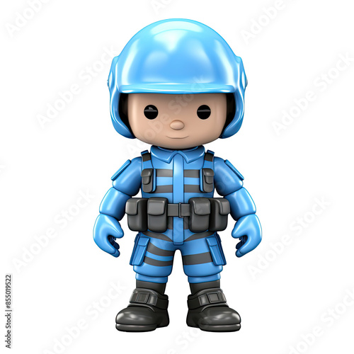 An illustration of a cute soldier in blue looking at the camera