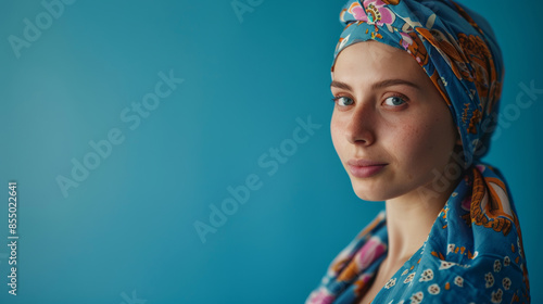 Woman with cancer in headscarf against blue background, serious expression. Cultural diversity concept