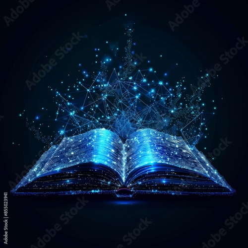 Blue open book. Low polygon, particle, and triangle style design. Wireframe light connection structure. Generative AI