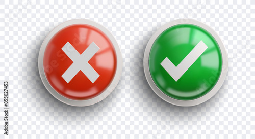 Set of glossy red cross and green checkmark buttons on a transparent background. Ideal for user interface design, decision-making visuals, and web applications to indicate correct and incorrect choice