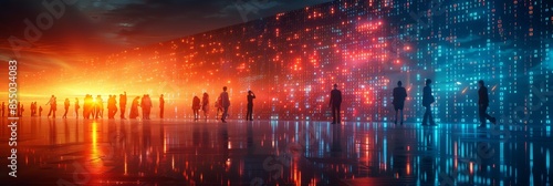 A stock market wall displaying digital numbers and figures with business people walking in the background, representing global financial trading and currency exchange at night. High-resolution