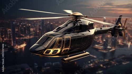 Helicopter on fly, taxi helicopter above financial district, helicopter charter. Helitaxi