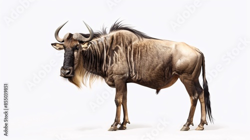 A wildebeest, with its shaggy brown coat and powerful horns, stands confidently on a white background, its hooves firmly planted on the ground. The image captures the animals strength and resilience,