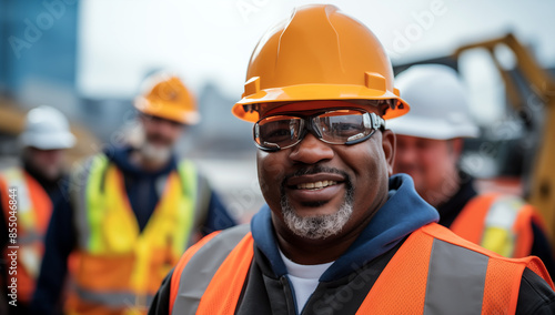 Portrait d'un ouvrier du bâtiment afro-américain, souriant, d'âge moyen, portant des lunettes, une barbe, un casque orange et regardant devant lui.