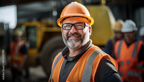 Portrait d'un ouvrier du bâtiment souriant, d'âge moyen, portant des lunettes, une barbe, un casque orange et regardant devant lui.