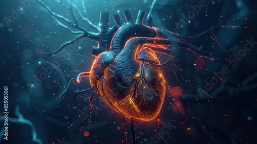 abstract stylized glowing heart with arteries artificial organ concept digital 3d illustration