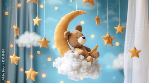 adorable baby crib mobile with plush bear sleeping on moon surrounded by stars and clouds