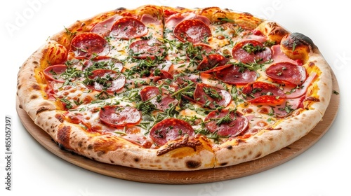 appetizing pepperoni pizza with melted cheese and herbs isolated food photo