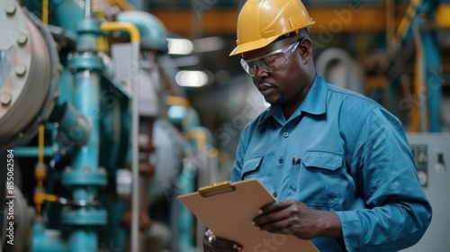 busy african male technician inspecting machinery in a factory holding a clipboard for notes industrial photography