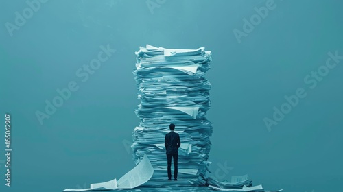 Man stands in front of an enormous stack of papers, symbolizing overwhelming workload, paperwork, and stress in blue background.