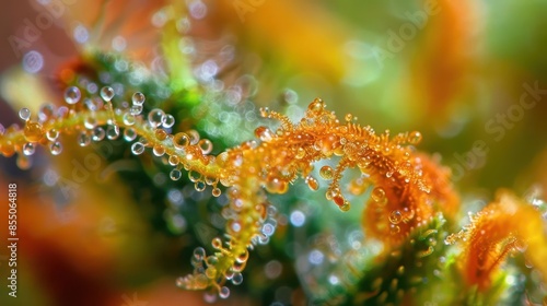 closeup macro shot of cannabis bud with trichomes and orange hairs marijuana photograph