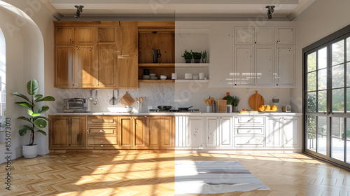 Kitchen before and after renovation, copy space for text.Generative AI