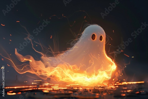 goofy glowing ghost with fire flames floating surrounded by sparks embers dark background