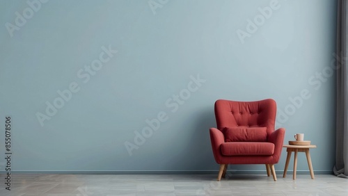 Interior home of living room with red armchair on empty blue wall copy space mock up, Scandinavian style
