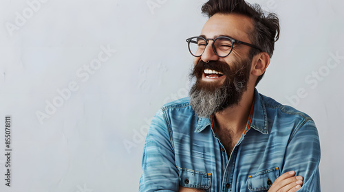 Creative happy and funny bearded man with moustache in glasses with black rim turning left laughing out loud enjoying interesting and hilarious conversation holding hands crossed on chest relaxed